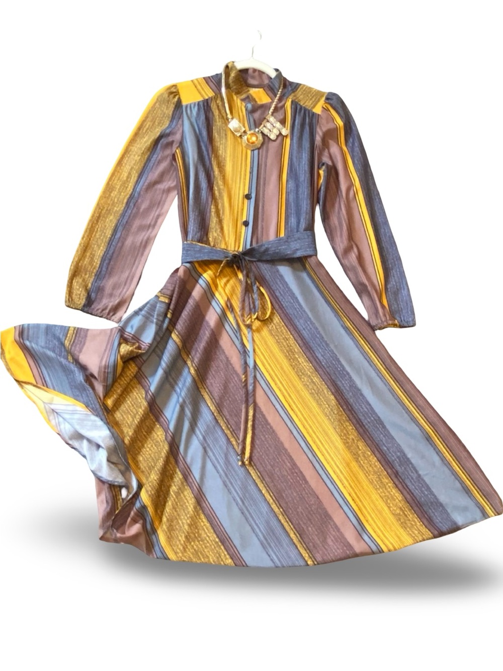 Vintage Striped Long-Sleeve Shirt Dress